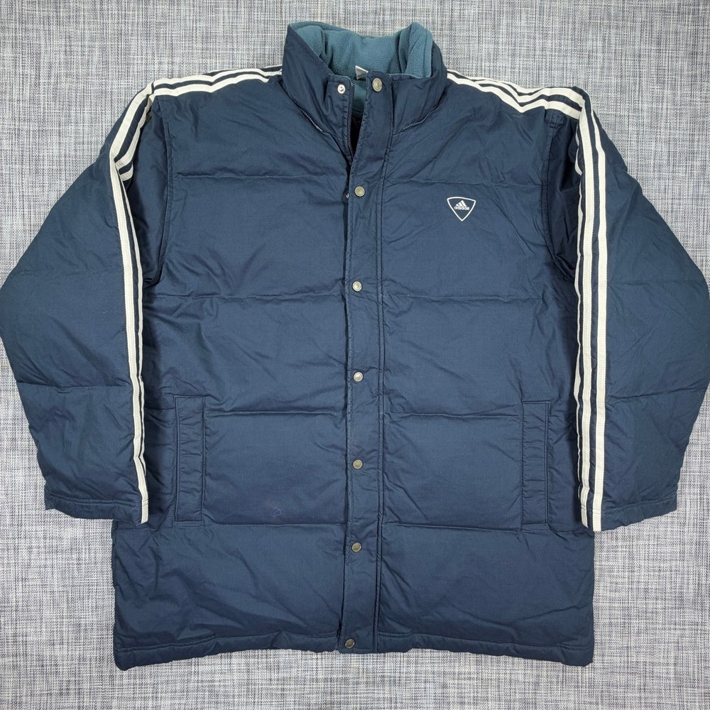 Adidas Mens Puffer Down Jacket XL Blue 3 Stripes Long Quilted Full Zip Snap Coat